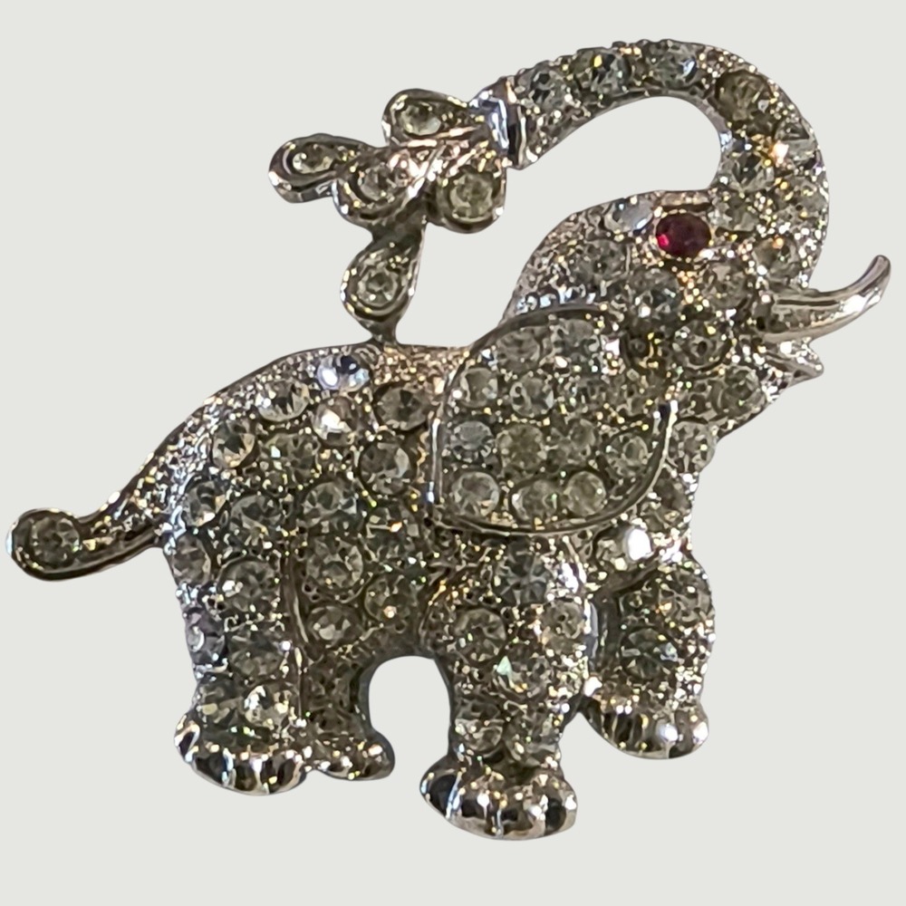Rhinestone‎ Elephant Brooch Silver Tone Clear Crystal Animal Pin Red Eye